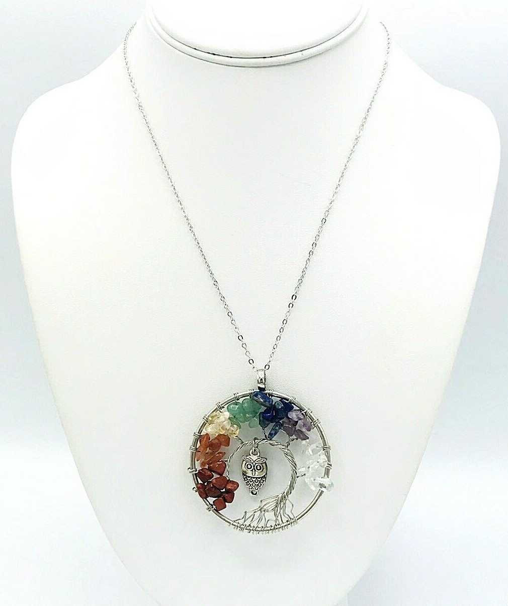 Silver Tone Multi Gemstone Wire Wrapped Tree Of Life Owl Necklace