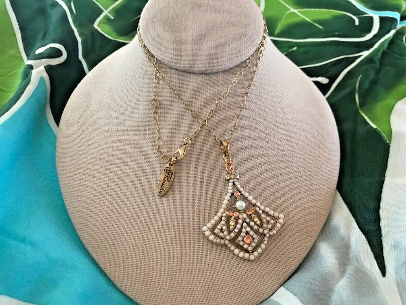 Plunder Gold Tone Pink and clear Rhinestone faux pearl Pendant Necklace