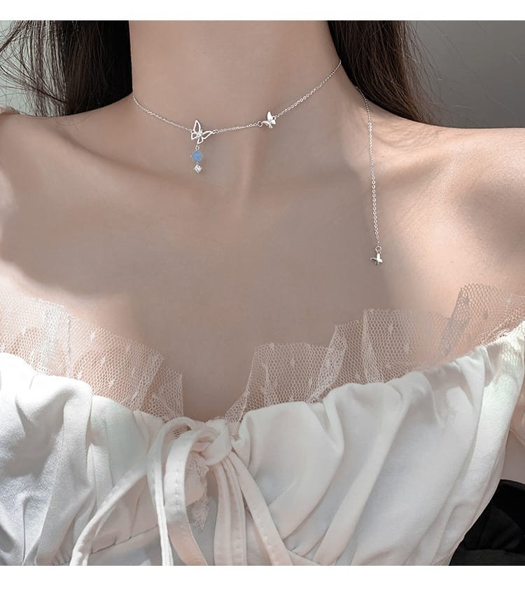 Silver Butterfly Necklace with Zircon Pendant for Women