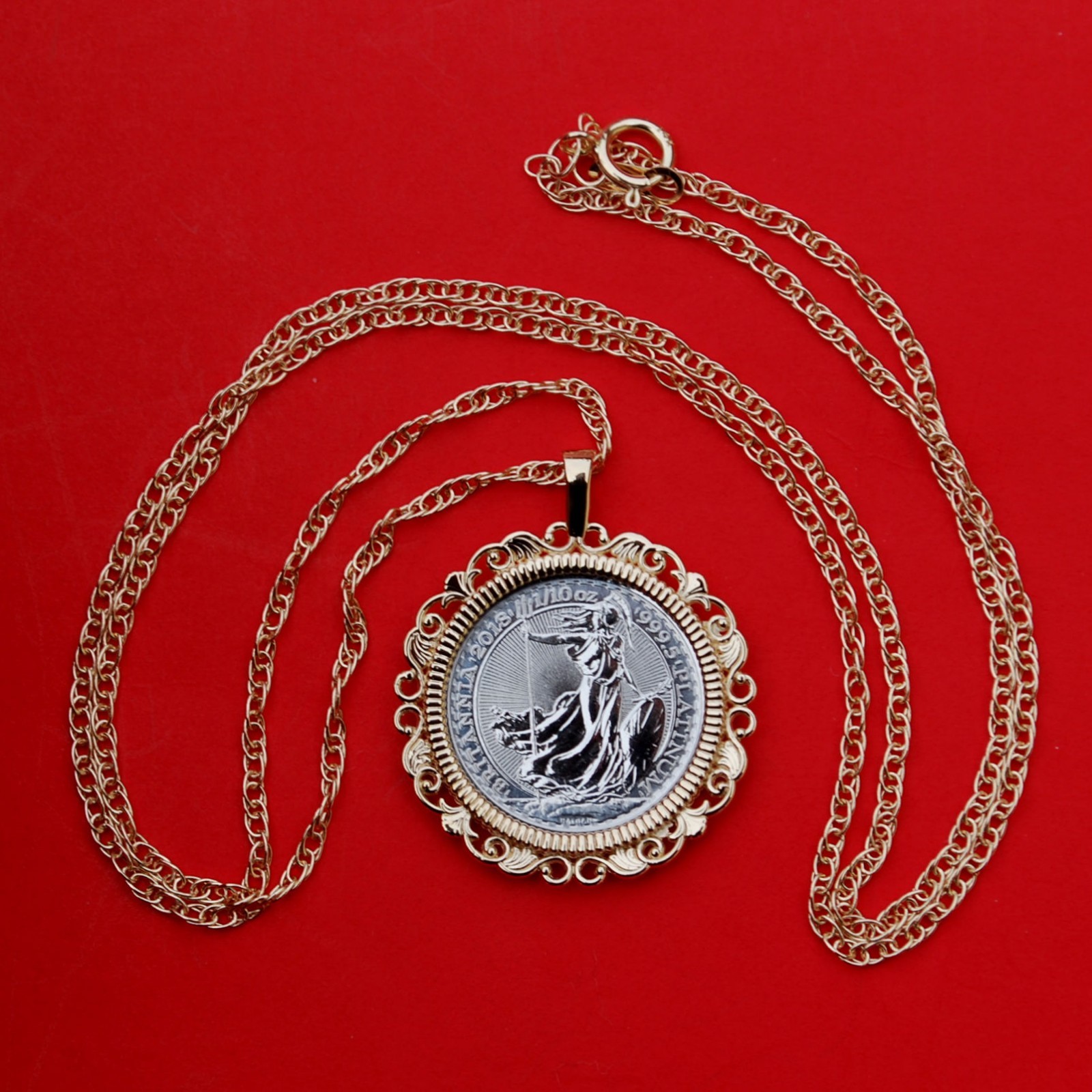 2018 Great Britain 1/10 oz Platinum Britannia BU Coin 14K Gold Necklace NEW