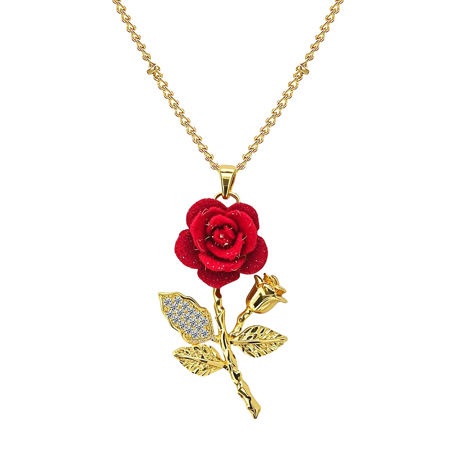 Valentine’s Day Women’s Red Velvet Rose CZ Pendant Promise Necklace ldeal Gift