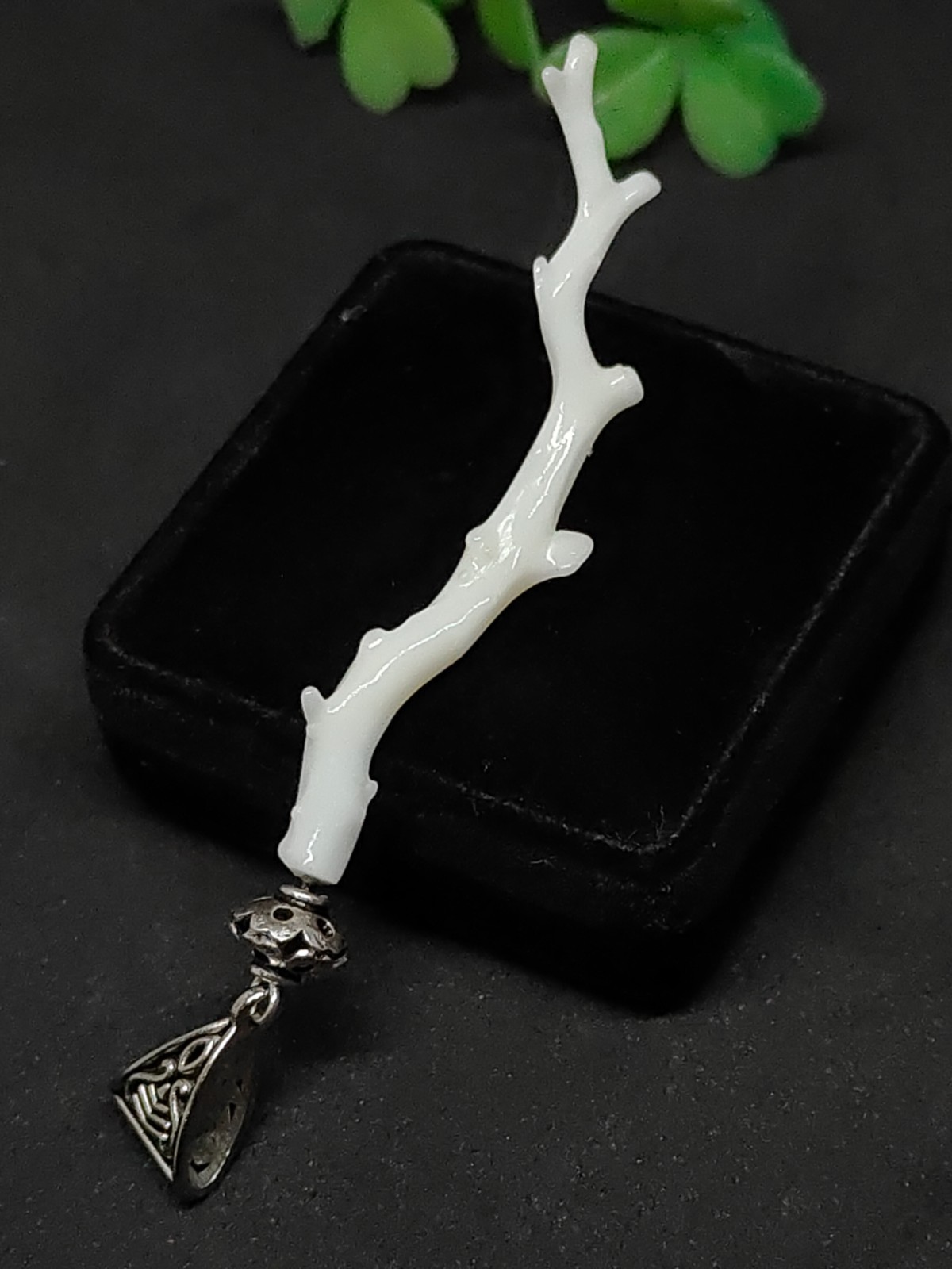 Milky White Coral Pendant, Silver Brass Handmade Vintage Jewelry