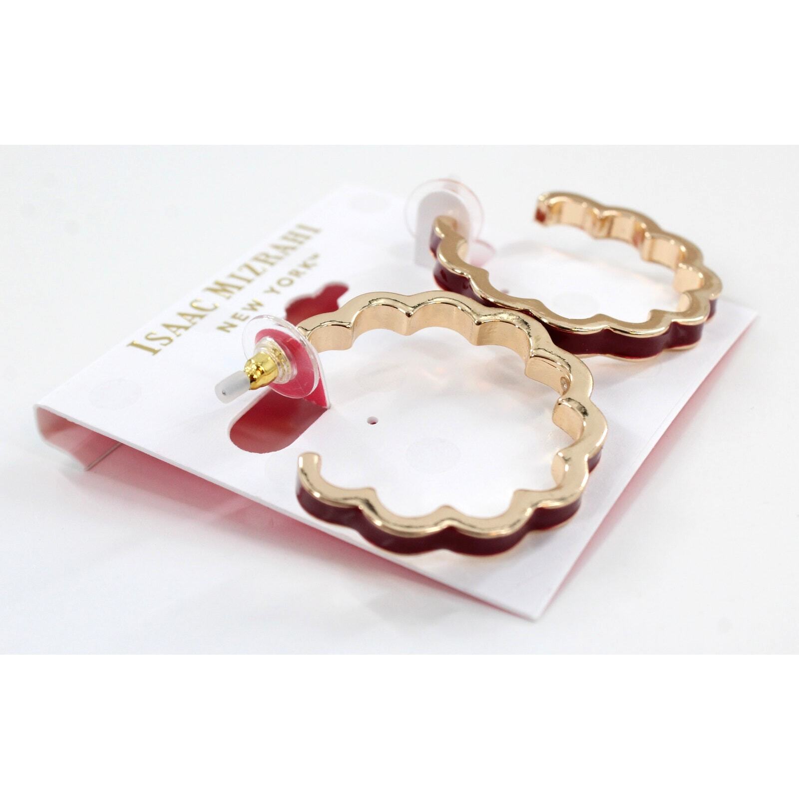 Isaac Mizrahi Scalloped Gold & Burgandy Hoop Earrings #MZ30