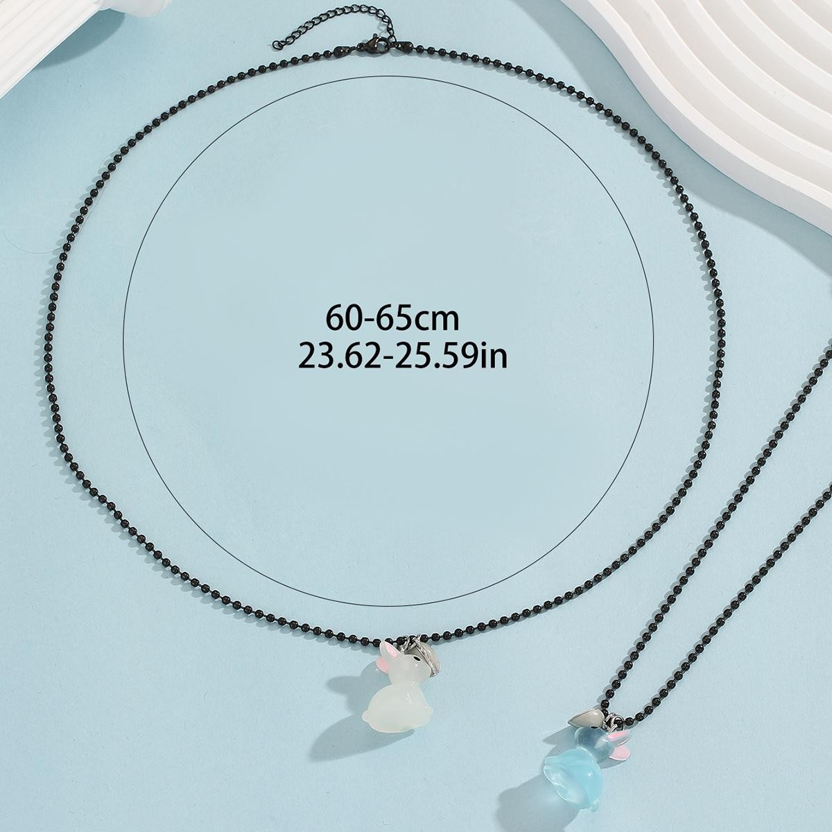 Glow Heart Rabbit Couple Necklace Blue White Pendant Black Bead Chain Gift