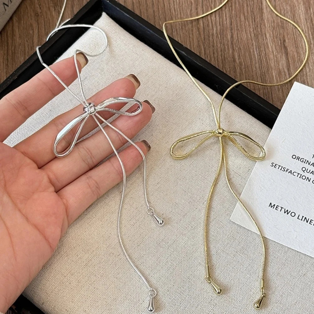 Gold Snake Chain Bow Necklace for Women Long Braided Sweater Chain Jewelery