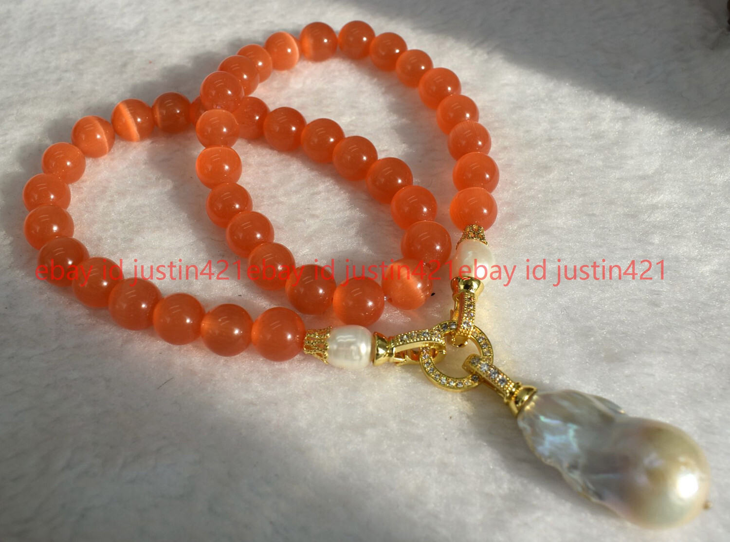 8/10/12mm Natural Orange Cat’s Eye & White Keshi Baroque Pearl Pendant Necklace