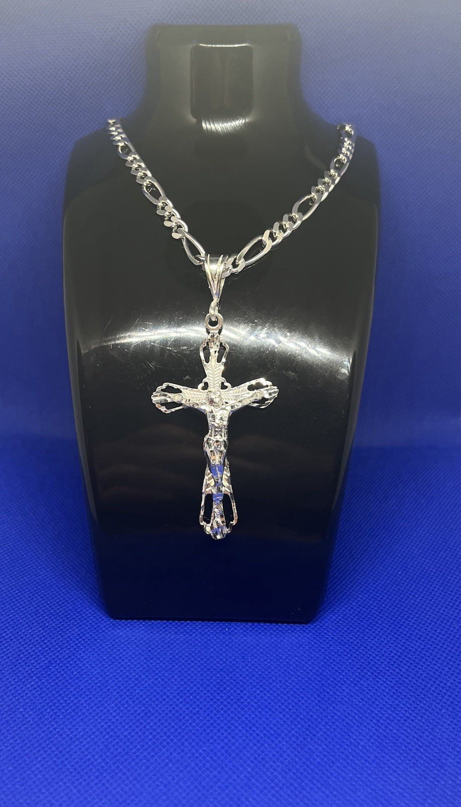 Silver Figaro Chain Necklace With Cross Pendant Religious