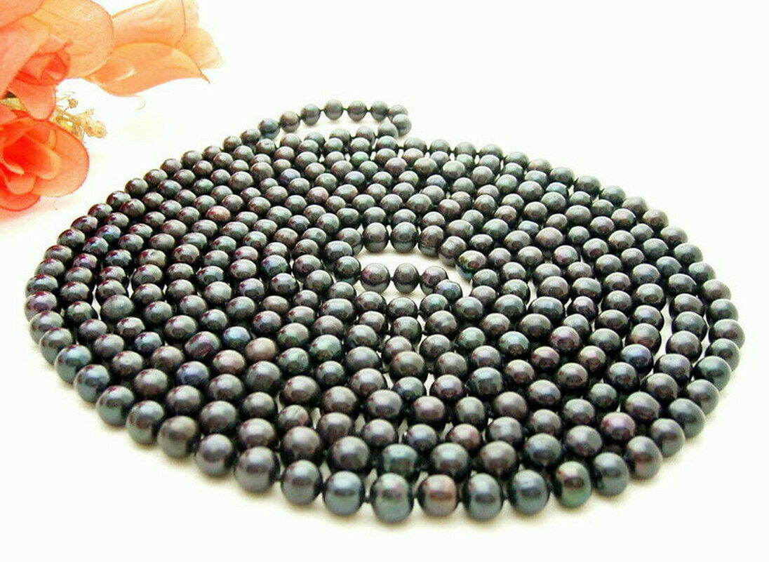 7-8mm Natural South Freshwater Black Pearl Fashion Long Necklace 100” AAA++