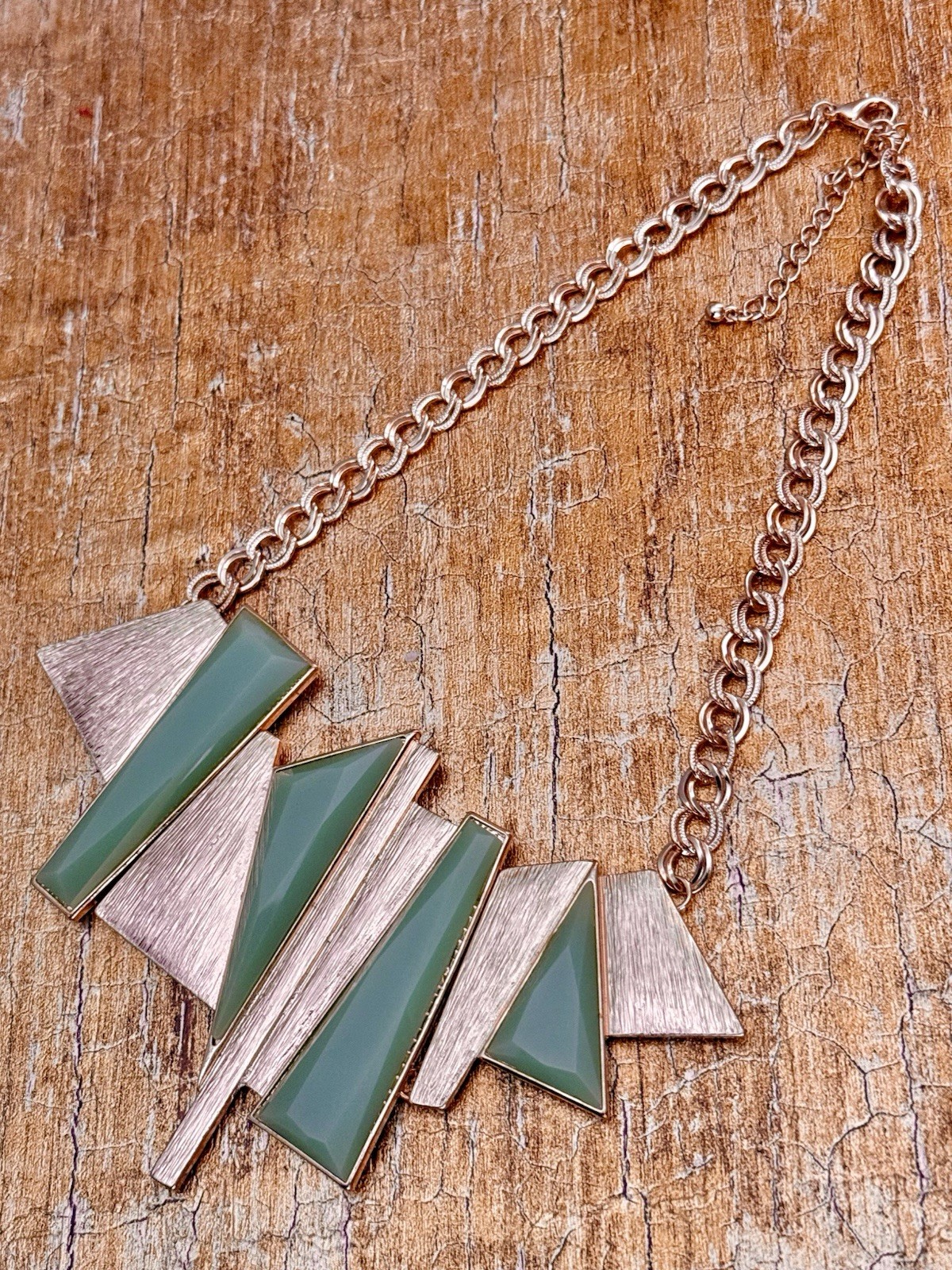 VTG French Art Deco Style Necklace Celadon Goldtone Acrylic Stone Gems Gothic