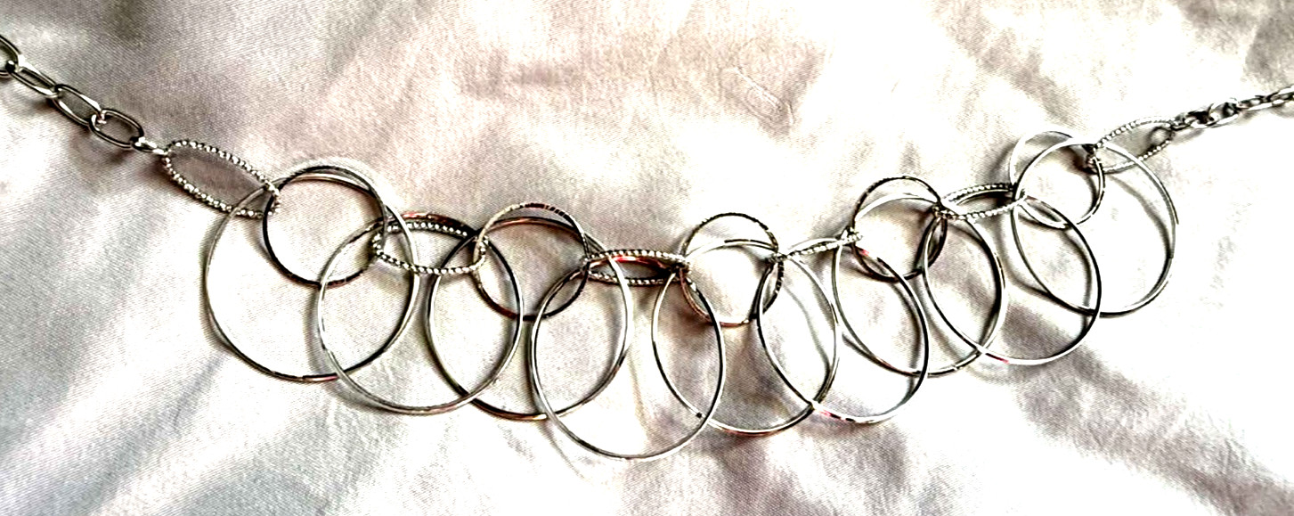 NEW Silver Tone Hoop Necklace Multiple Layers Interconnected Variated Circles