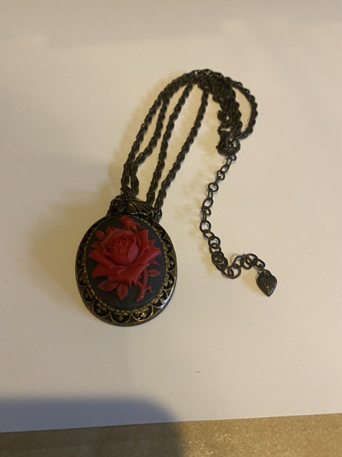 Sweet Romance USA Red Rose Double Strand Statement Necklace Antique Gold