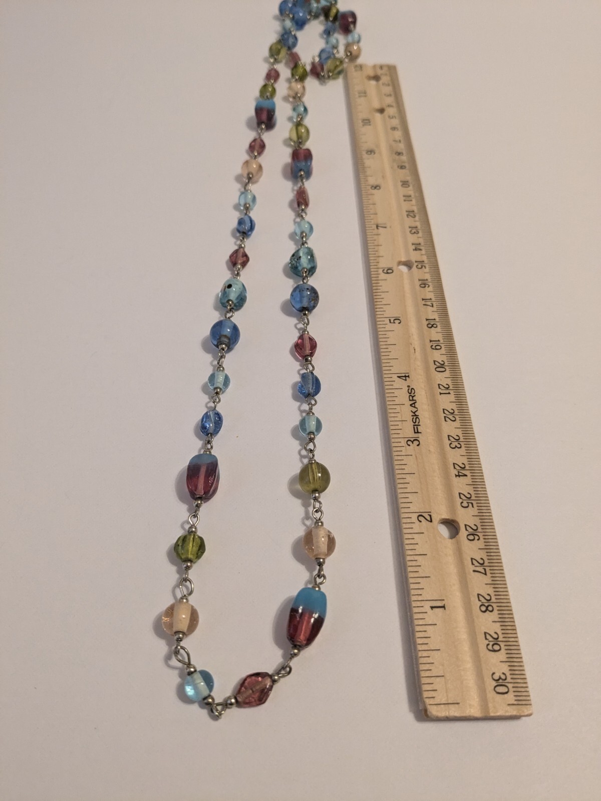 Infinity Style Multicolor Glass Bead Necklace. Silver Tone. 40″. Various Shapes.