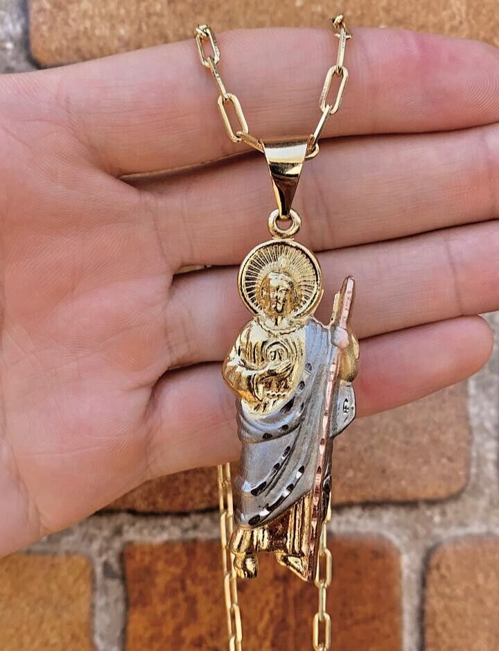 San Judas Necklace 20″ Paper Clip Chain 14K Gold Filled Jewelry For Adults