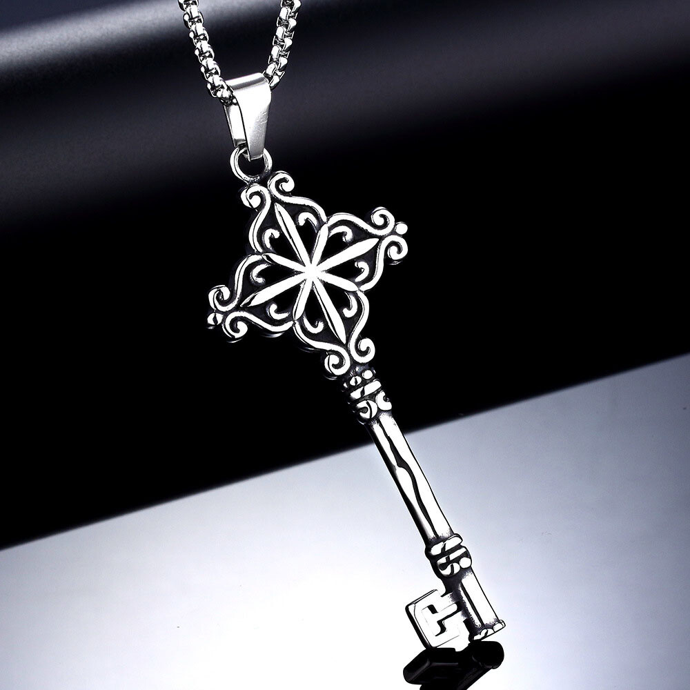 MENDEL Gothic Mens Stainless Steel Hip Hop Key Pendant Necklace Men Silver Chain