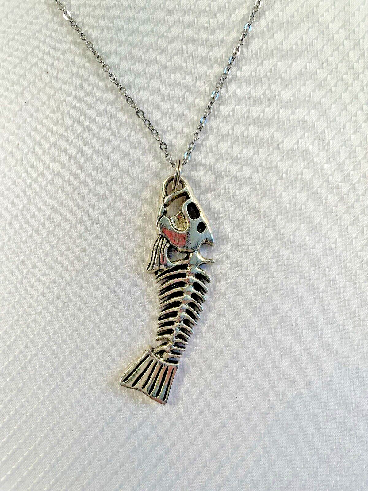 Fish Bone Silver Pendant Necklace 20” Stainless Chain Coastal Sea Jewelry NEW