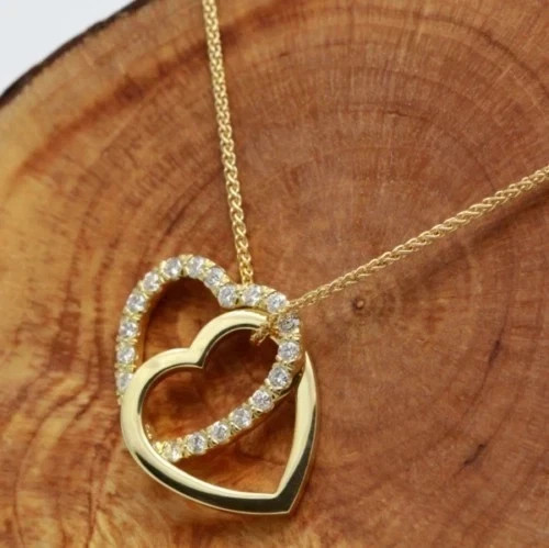 Elegant Heart Pendant Necklace Round Simulated Diamond 14K Yellow Gold Plated