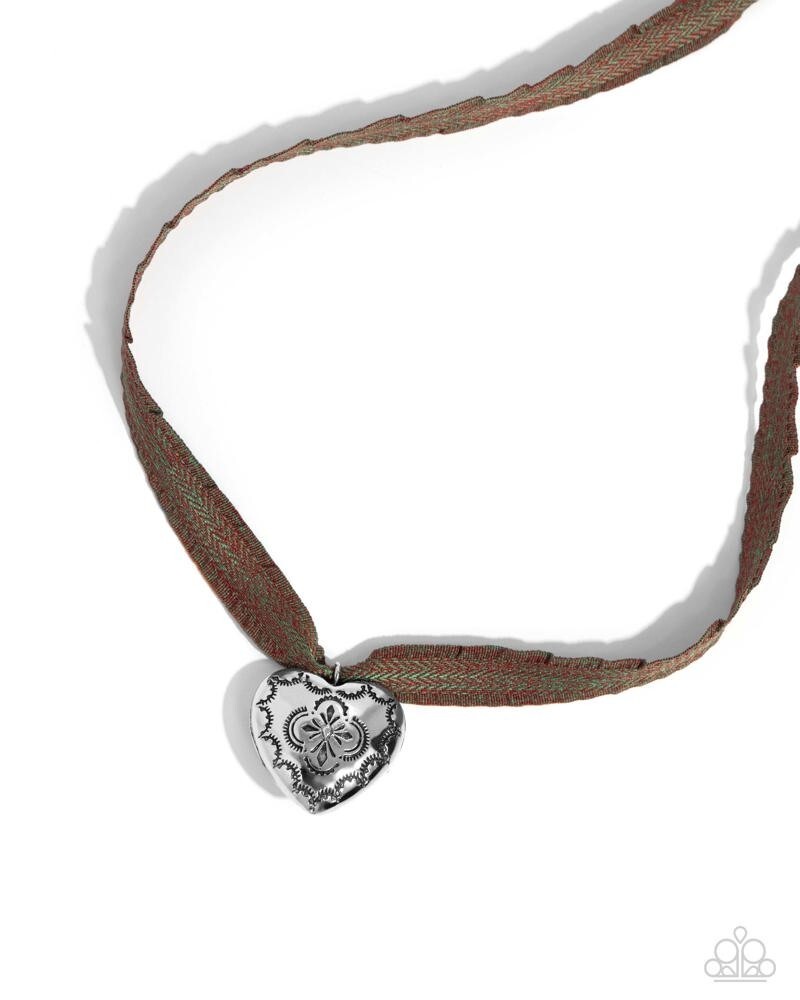 Paparazzi Fabricated Finesse – Brown – Embellished Engraved Heart- Brown Ribbon
