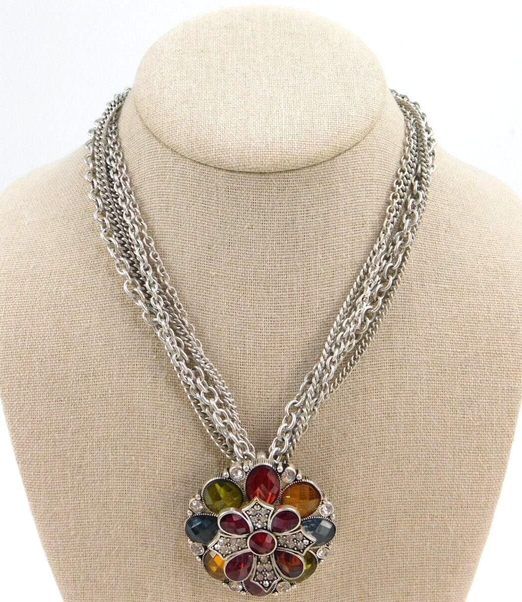Multi Chain Faceted Acrylic Rhinestone Flower Pendant Necklace 17″