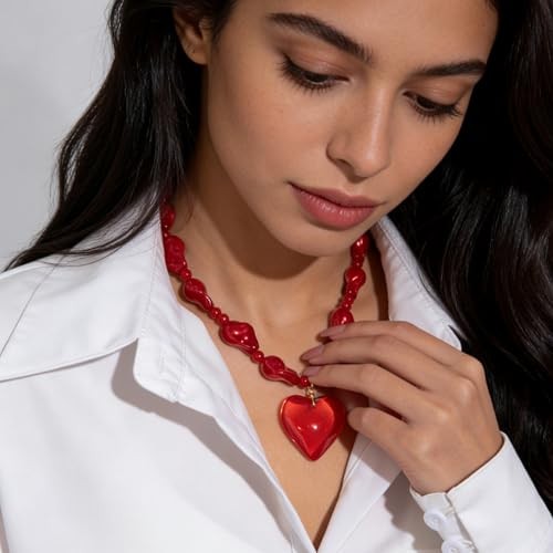 Valentine’s Day Red Heart Necklace for Women Cute Imitation Pearl style C
