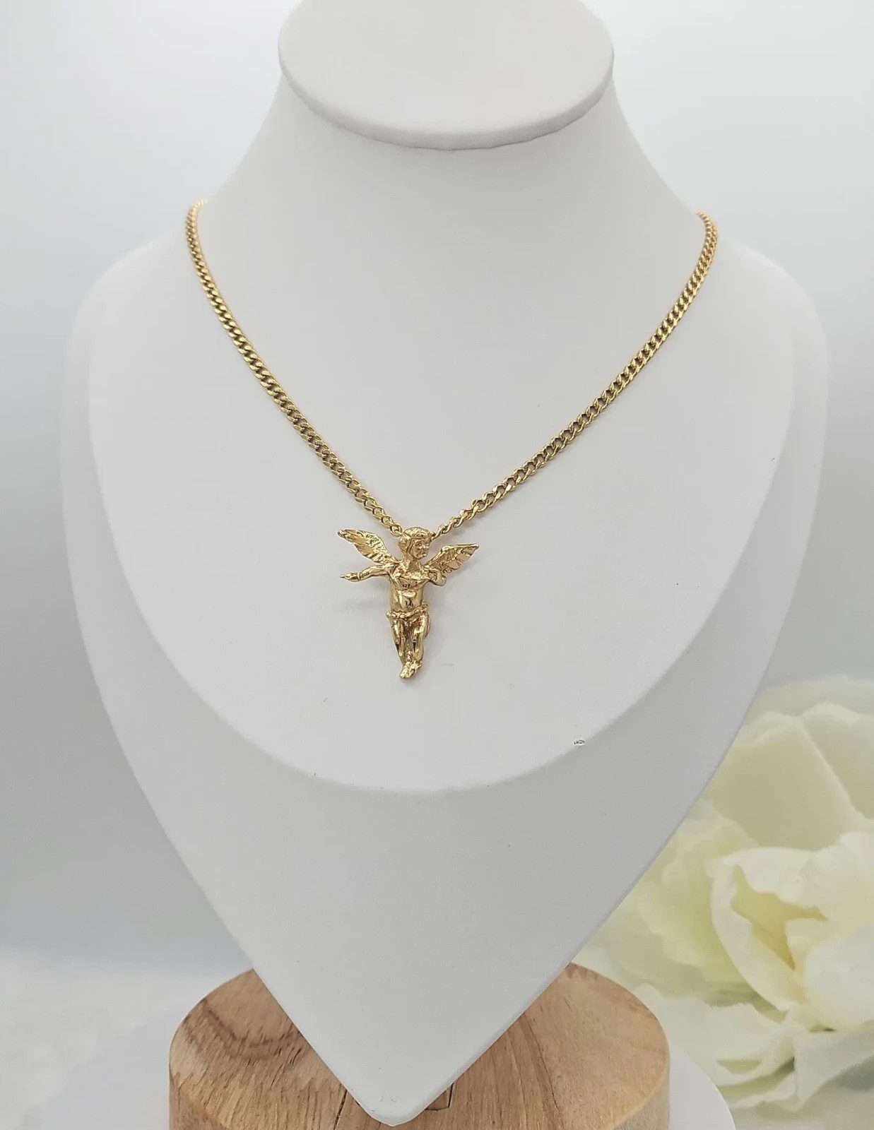 Gold Medium Sized Angel, 14K Heavy Plated Gold, 3mm Curb Chain, Unisex