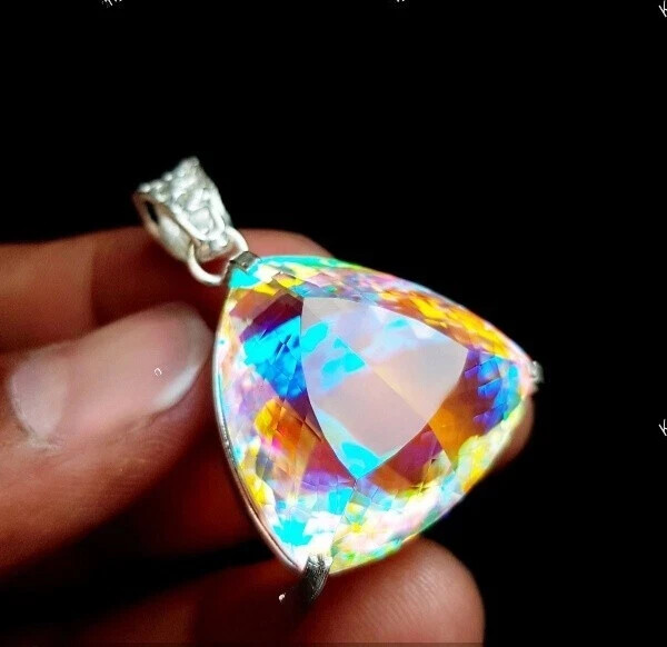 Natural TRILLION Mystic Topaz 80.55 Ct Solid Silver Rainbow Pendant Gemstone