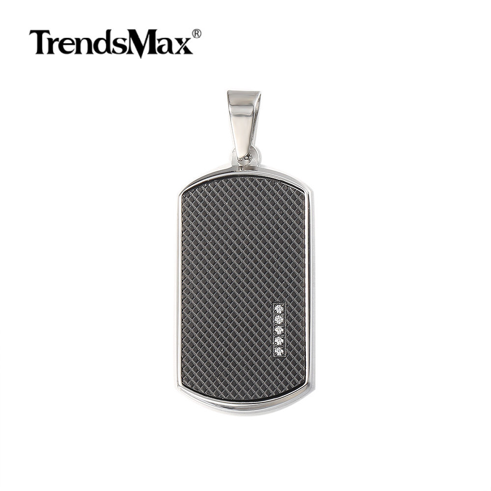 Men’s Stainless Steel Black Dog Tag Pendant Necklace with Bling CZ Bead Jewelry