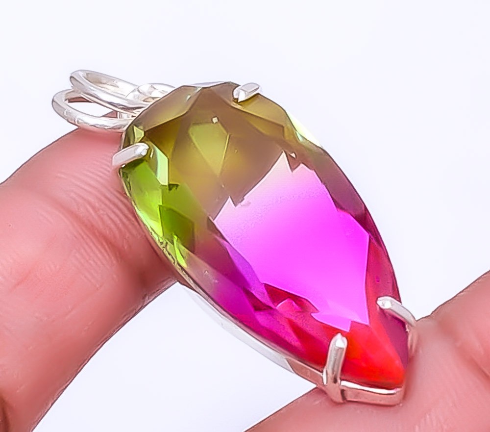 Bi Color Tourmaline Gemstone 925 Sterling Silver Pendant 1.95″ P7454-24