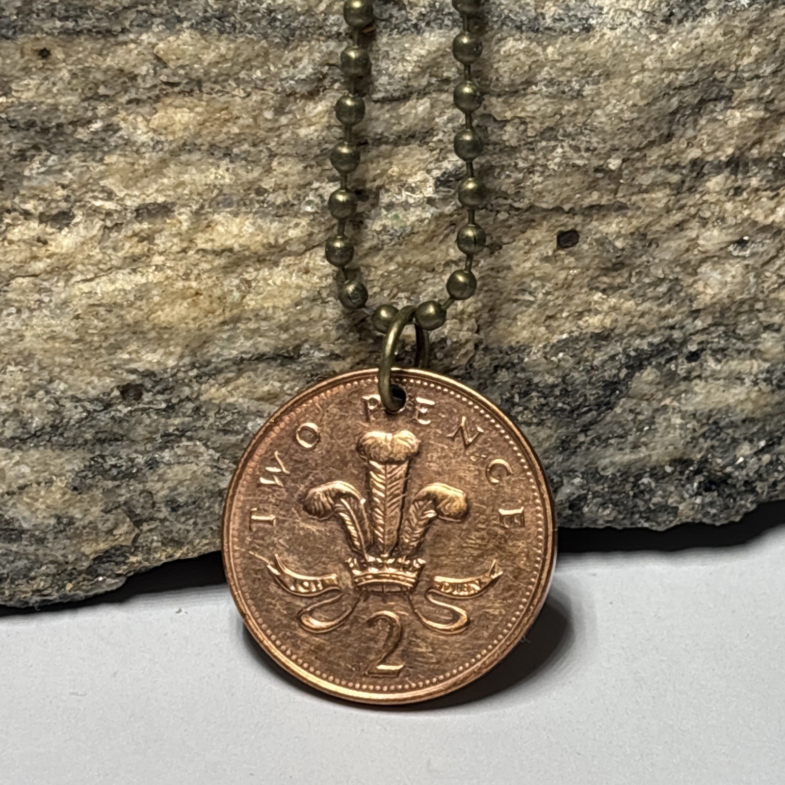 UK 2 Pence Coin Pendant Prince of Wales Plume Welsh Ostrich. Wear History!