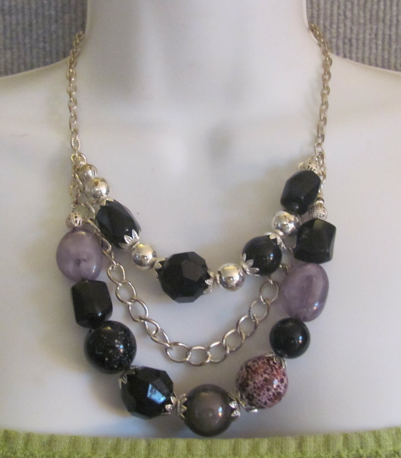 3-Strand Simulated Stone Necklace (Black-Grey-Tiger Eye-Clear-Silver)-Costume