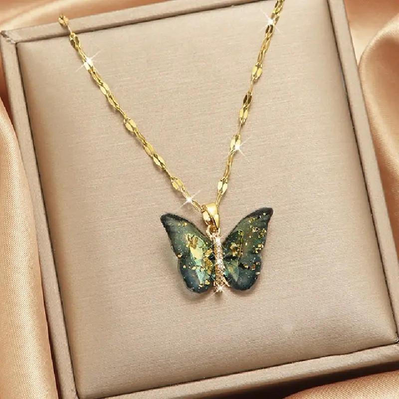 Gold Butterfly Zircon Pendant Titanium Steel Chain Simple Elegant Necklace