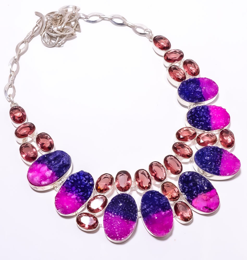 Bi-Color Quartz Drusy, Amethyst 925 Sterling Silver Necklace 16-18″ S21