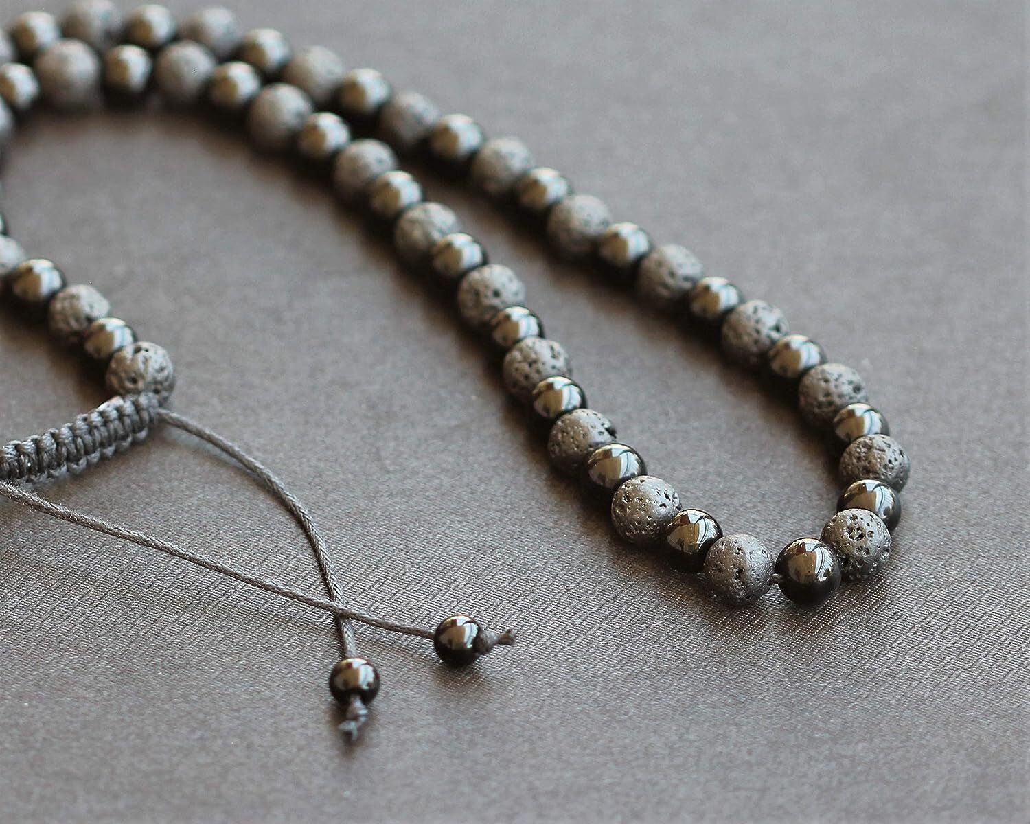 Mens Long Necklace Natural Black Lava & Black Onyx Beaded Healing Adjustable