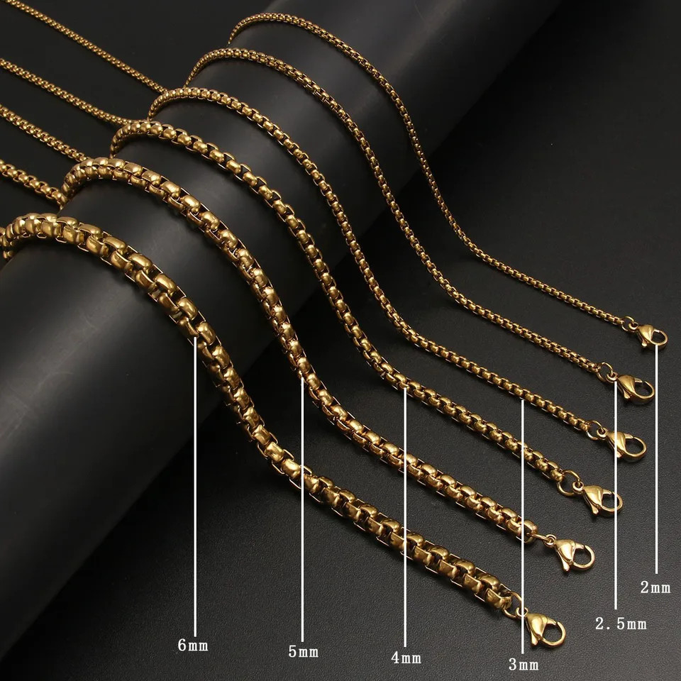 Venetian Box Chain Necklace Stainless Steel Silver Gold Black Width 2mm 6mm