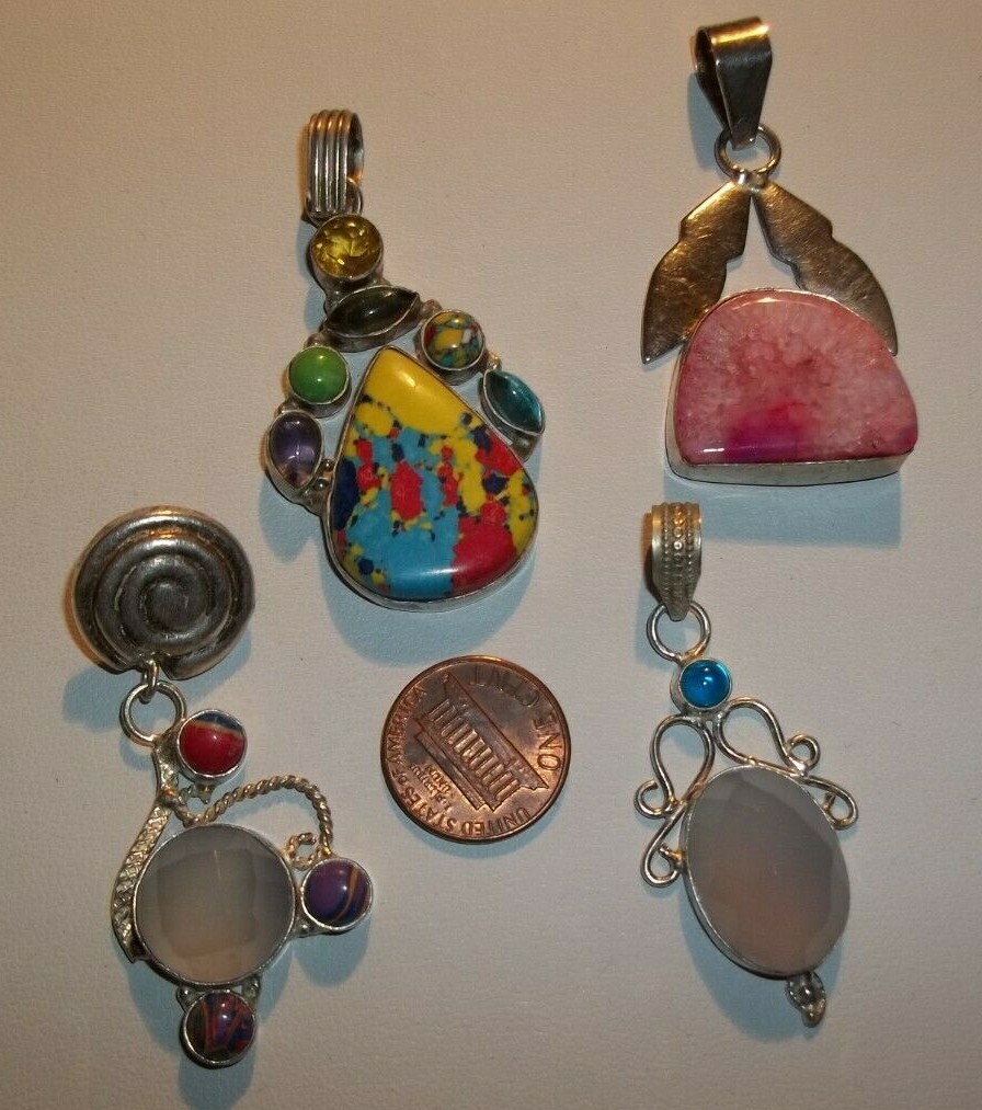 Colorful Lot of 4 Big Fun Pendants for Necklace 925 Sterling & Various Gemstones