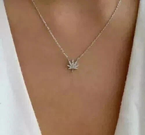 14K White Gold Plated 1.00Ct Round Simulated Diamond Leaf Pendant 18″ Necklace