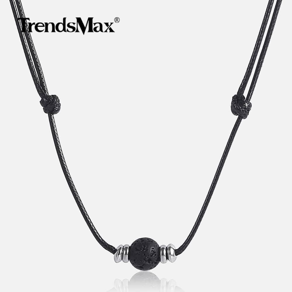 Black Lava Rock Bead Charm Leather Rope Choker Necklace 35-70″ (adjustable)