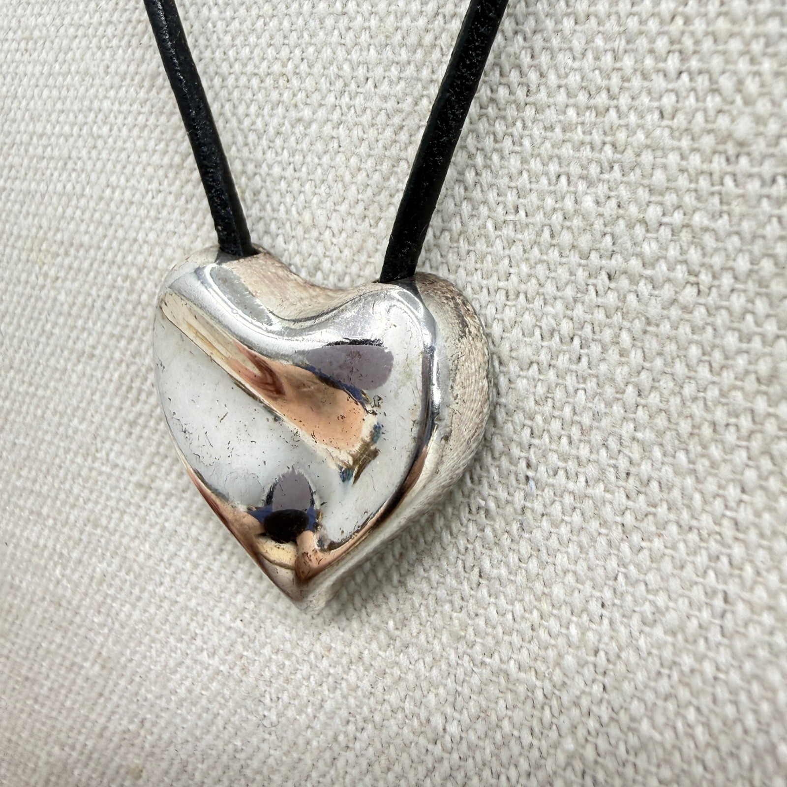Monet Heart Pendant Necklace Black Cord Silver Tone Modern Signed