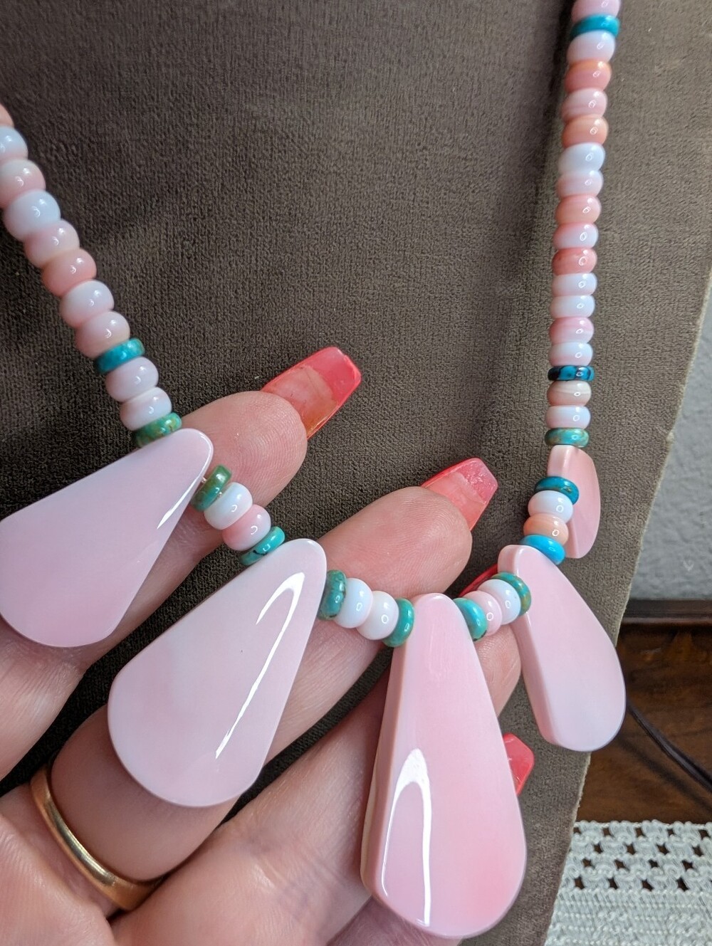 Pink Queen Conch Shell And Turquoise Beaded Teardrop Southwestern Style