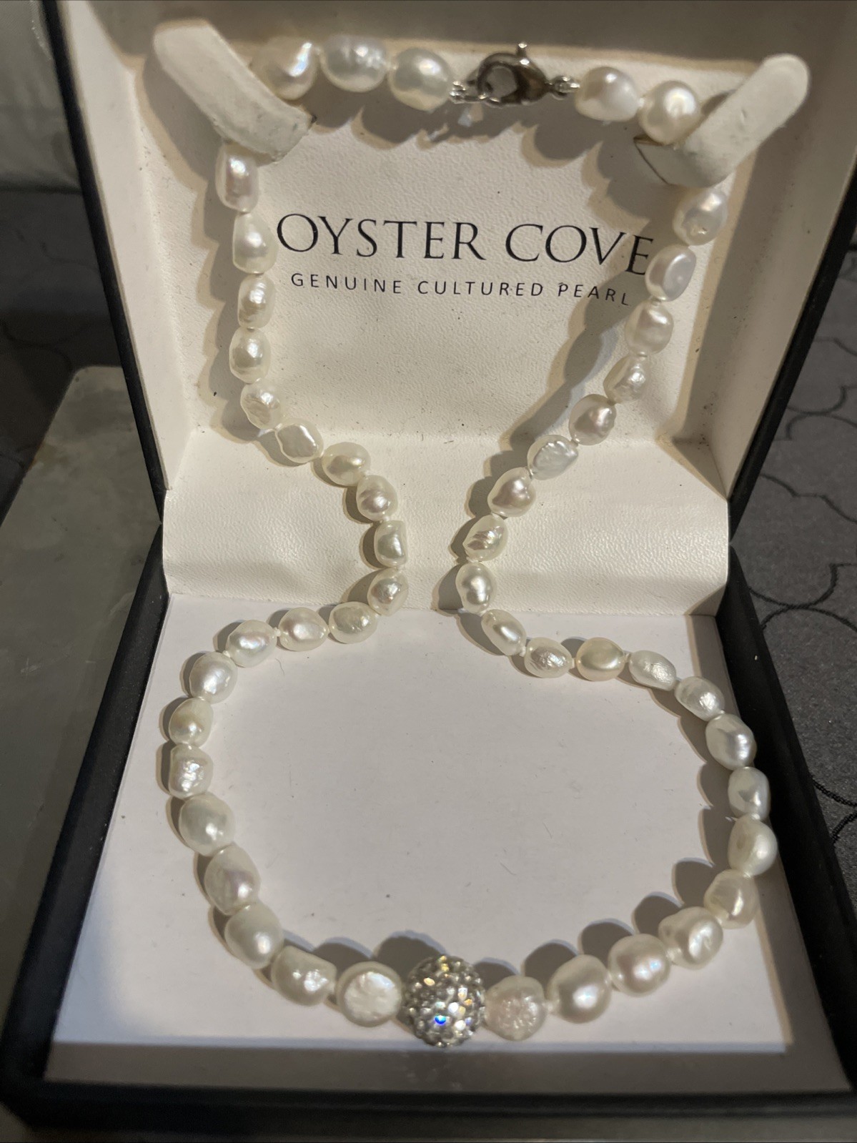 Oyster Cove Genuine Cultured Pearl Strand Necklace White Crystal Pave Ball NIB