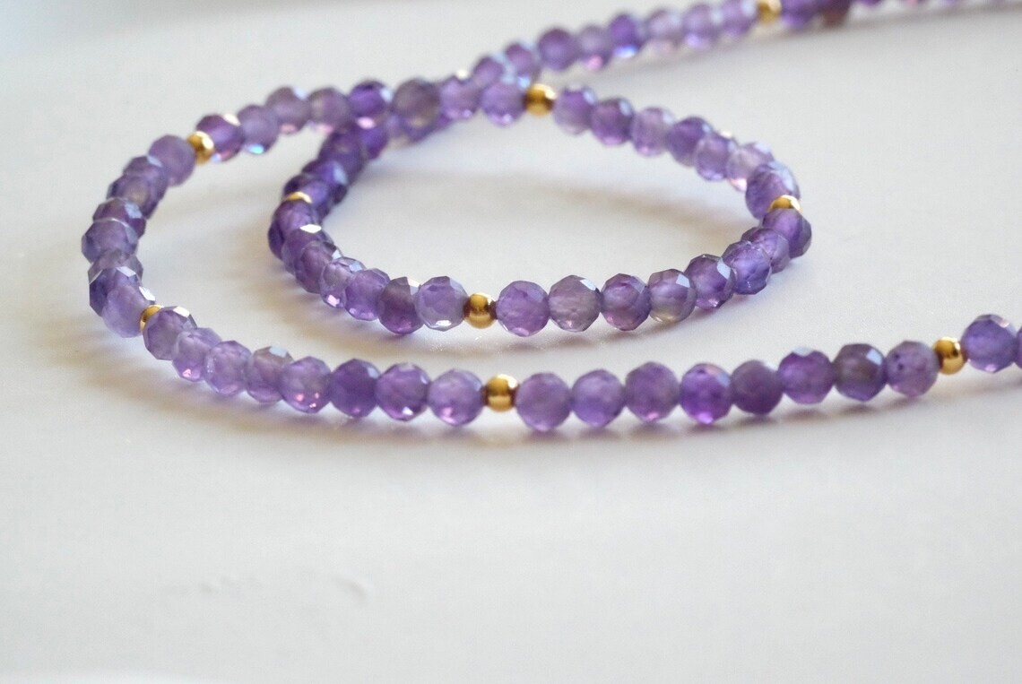 A+++ Nature Amethyst Faceted Round Gemstone Gold Feld Beads Necklaces 24” Women