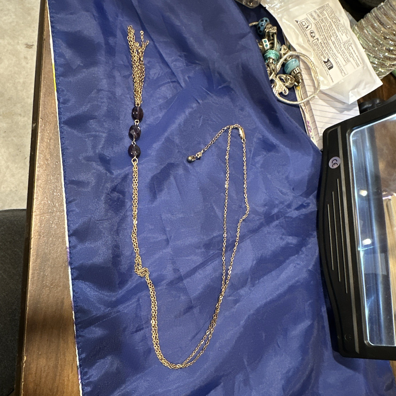 Gold Tone Cable Chain Necklace Purple Bead Tassel Pendant Lobster Adjustable