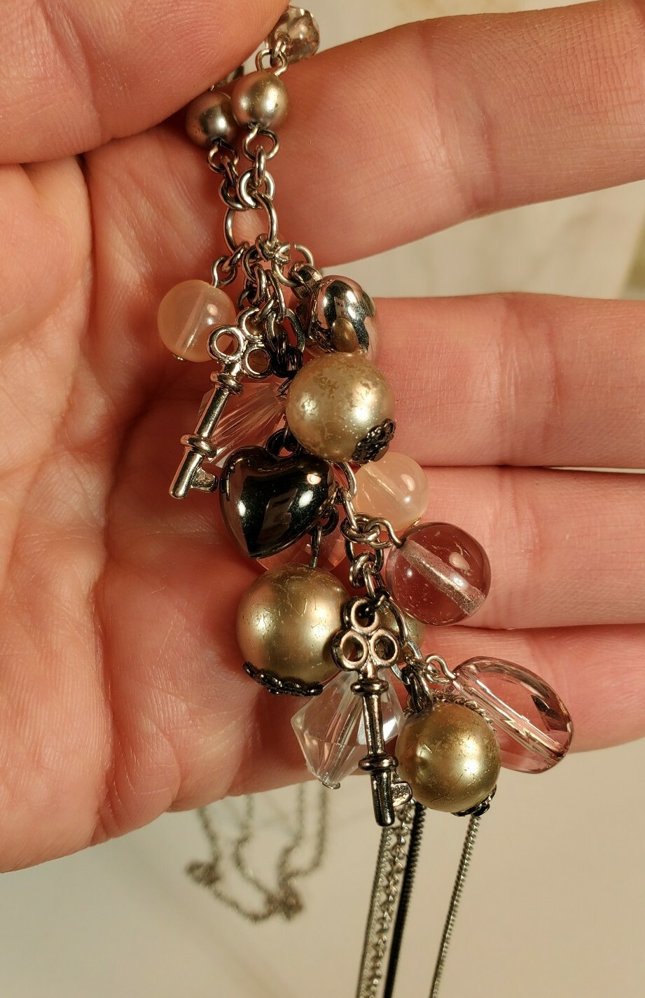 Cluster Necklace Silver Chain Pink Gold Beads 28-30″ With 7″ Drop Heart Keys