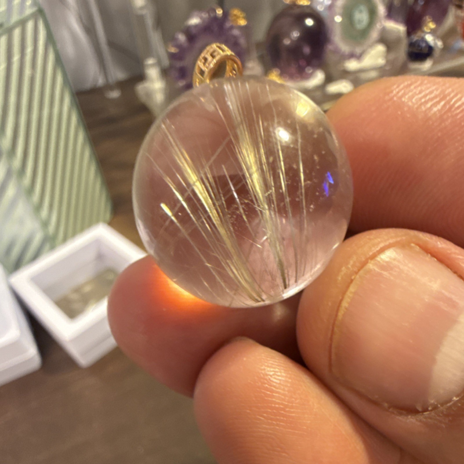 Clear Quartz With Silver Rutile Sphere Charm Pendant with 18k Gold Bail