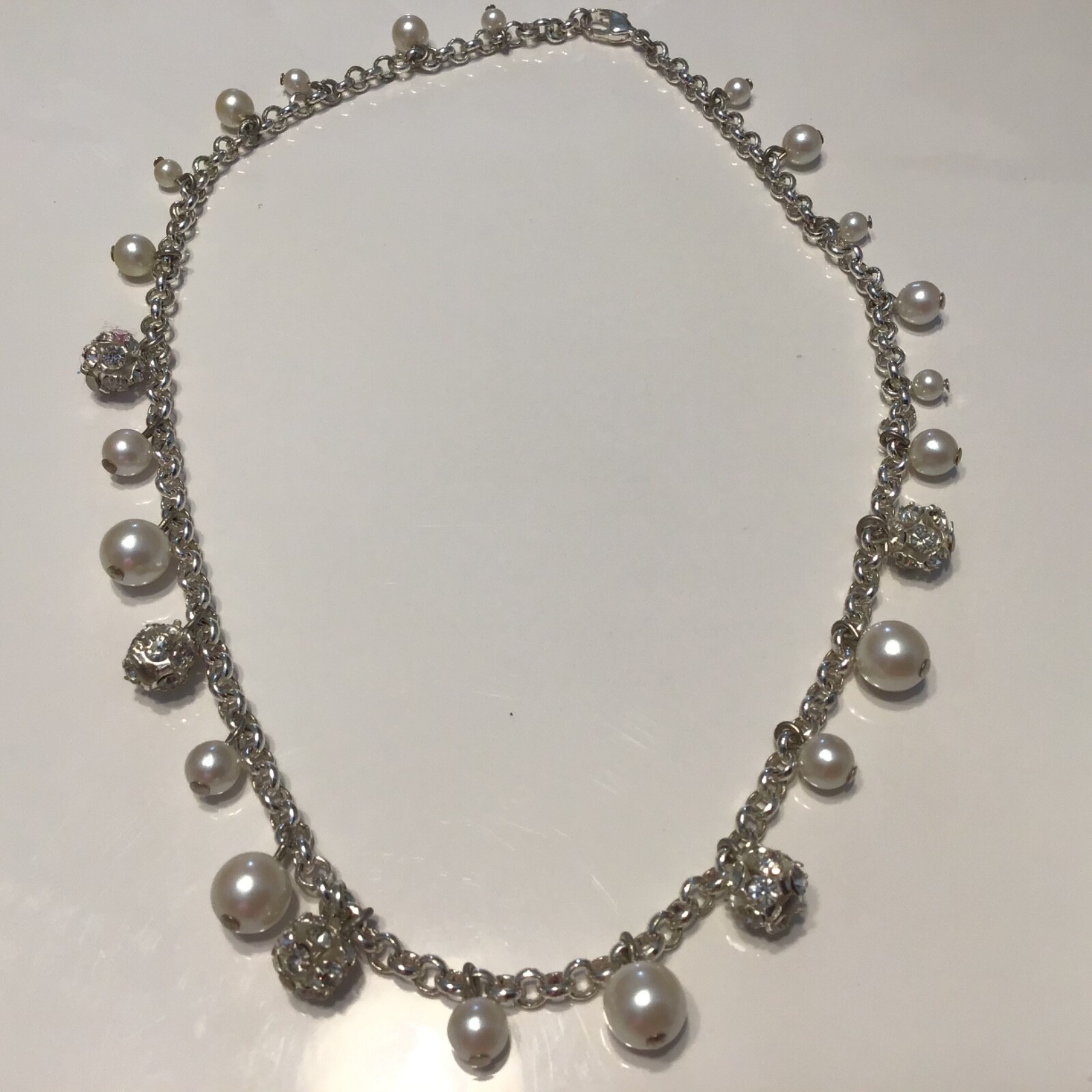 Faux Pearl Rhinestone Bead Dangle Necklace Choker 15” Silver Tone