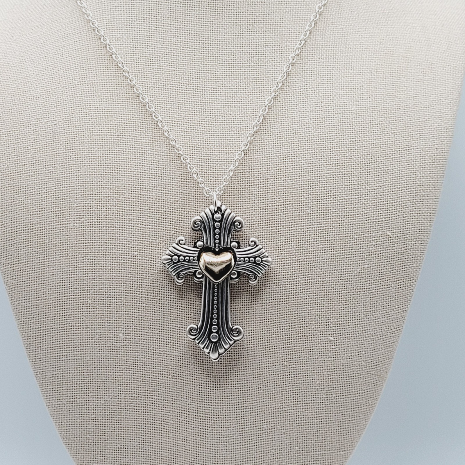 Modern Slide Cross Heart Charm Serenity Prayer Roman Style Silver Tone Necklace