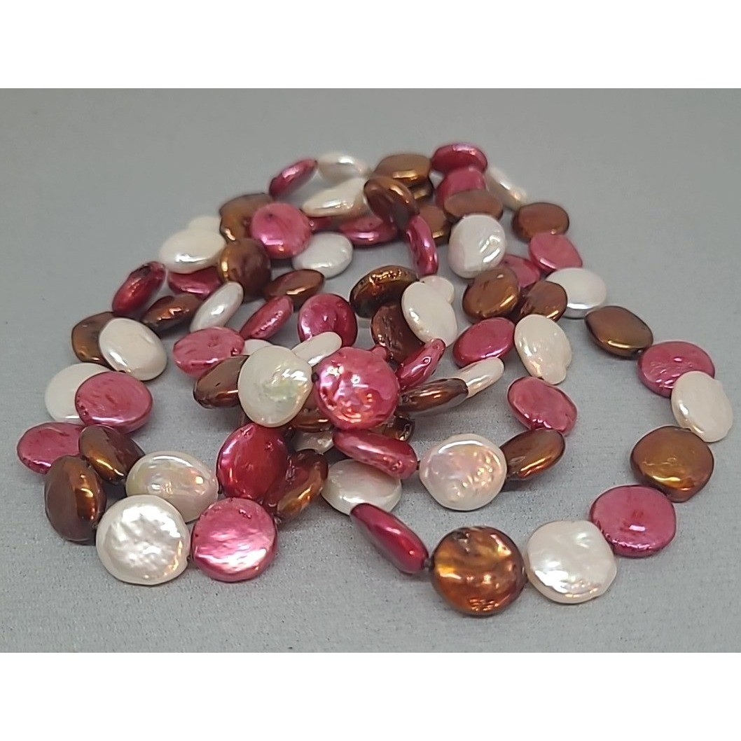 CGI China Necklace Woman Fuchsia Bronze White Freshwater Coin Pearl 37 Inch Long