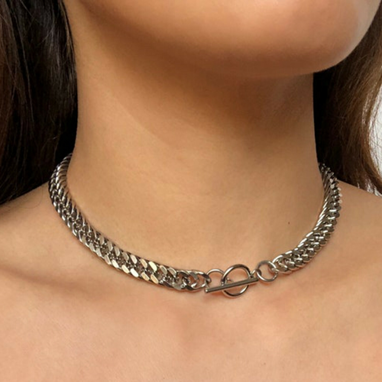 Toggle S.Steel Curb Chain Choker Silver Necklace Non Tarnish Hypoallergenic
