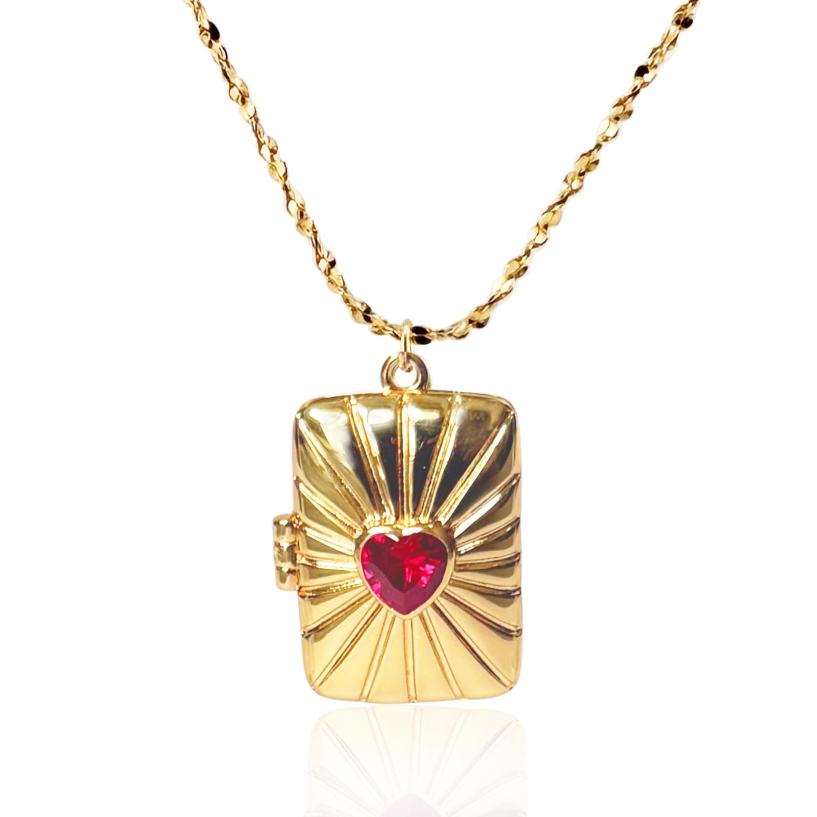 Vintage Gold-Tone Rectangular Locket Necklace with Red Heart