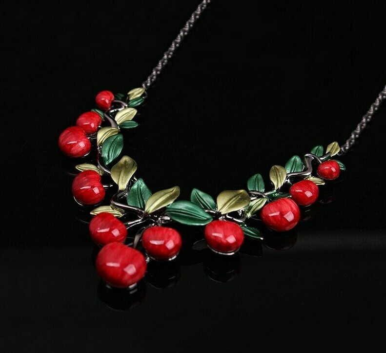 US Seller Cute Enamel Red Cherry Leafs Gun Black Chain Necklace