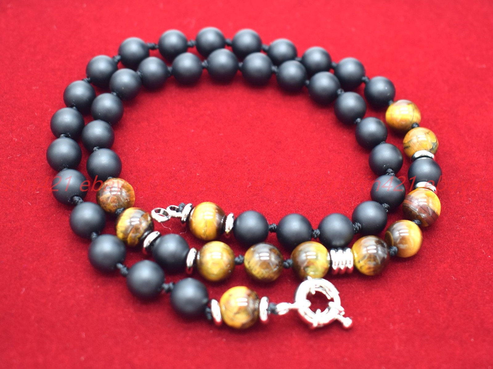 New Natural 8mm Matte Black Agate Yellow Tiger’s Eye Gemstone Necklace 16-24in